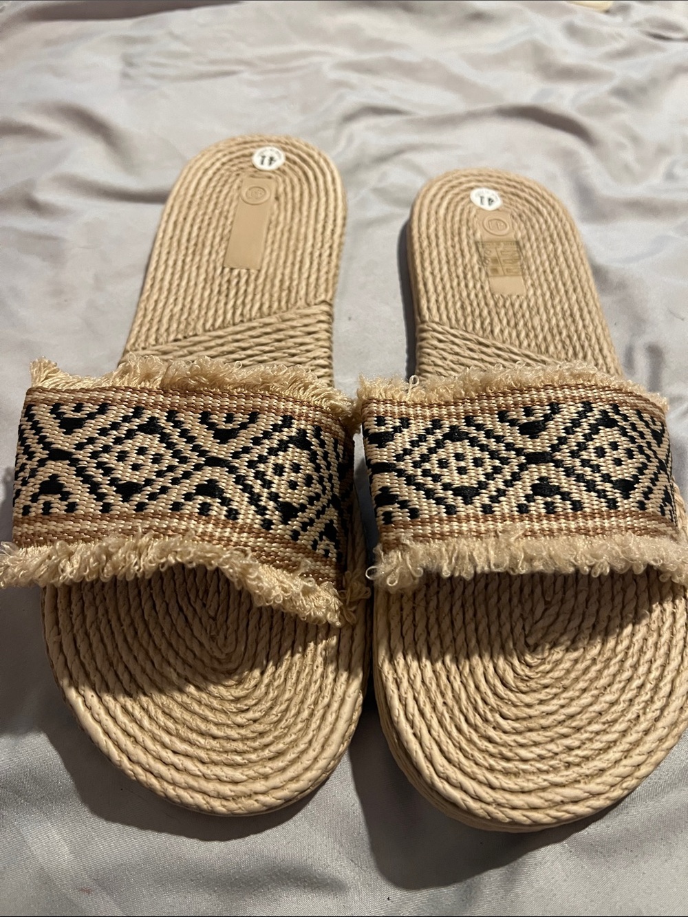 Beginning Boutique Tan Slide Sandals with Black Patterned Strap